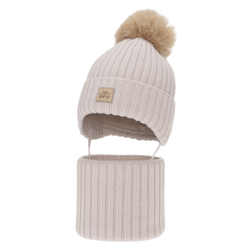 Ensemble d'hiver fille: bonnet et snood, beige, 100% Laine Mérinos, avec liens, doublé de coton, Malesia