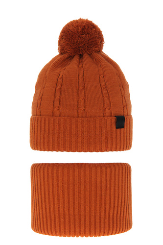 Ensemble d'hiver garçon: bonnet et écharpe, orange, avec pompon, Deny