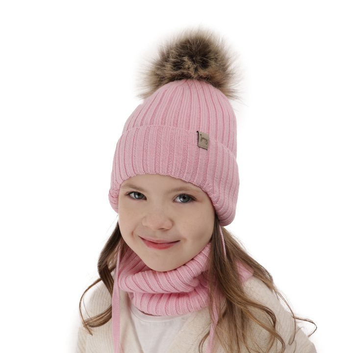 Ensemble d'hiver fille: bonnet et snood, rose, avec laine mérinos, avec liens, Junika