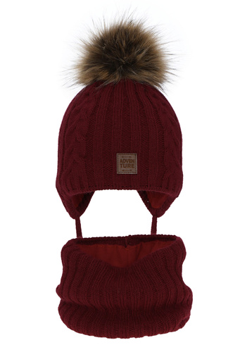 Ensemble d'hiver garçon: bonnet et snood, bordéau, avec pompon, avec liens, Casper