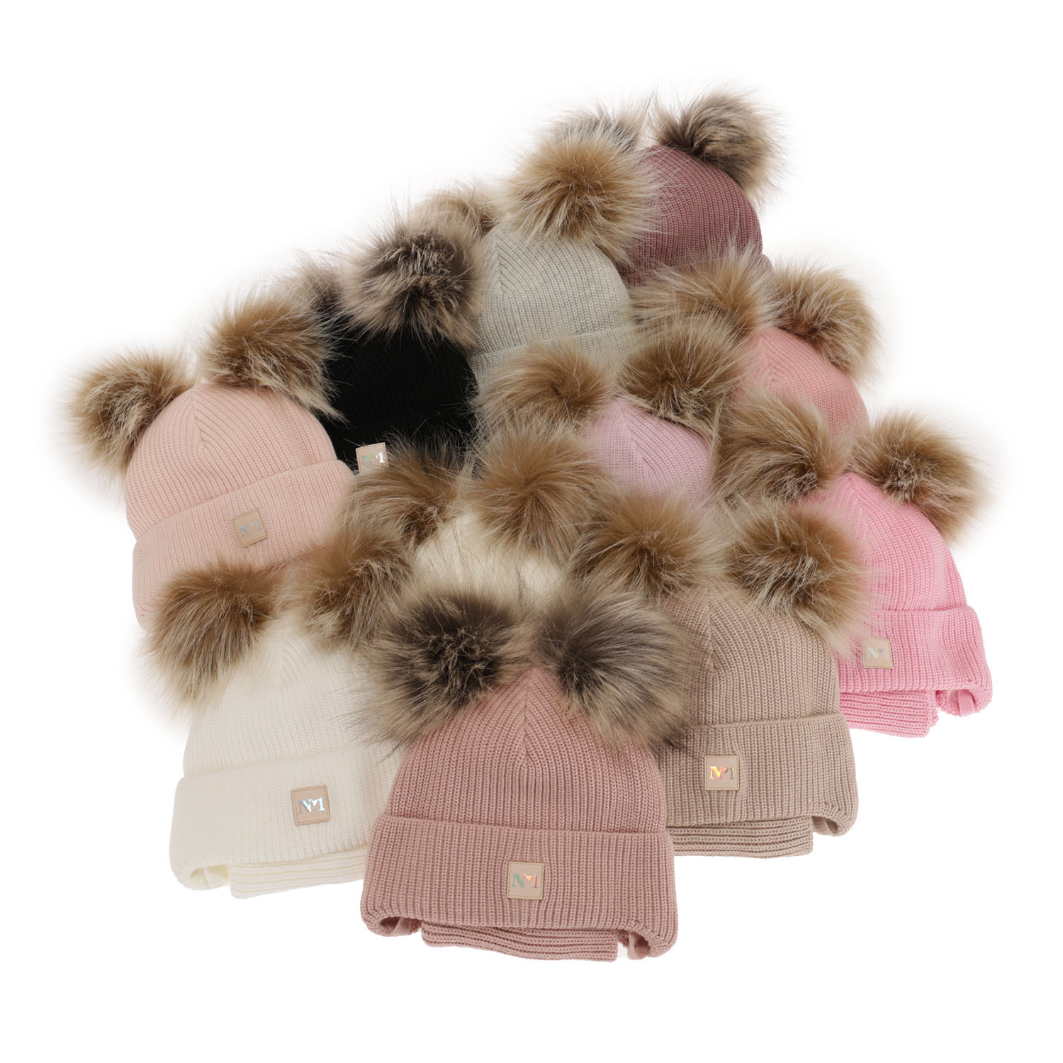 Ensemble d'hiver fille: bonnet et snood, beige, avec deux pompons, avec liens, Kiara