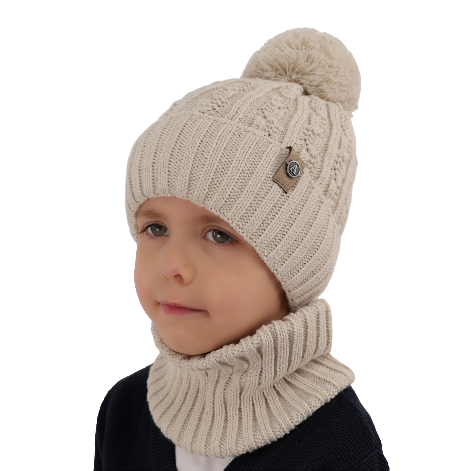 Ensemble d'hiver garçon: bonnet et snood, gris, avec pompon, Almond