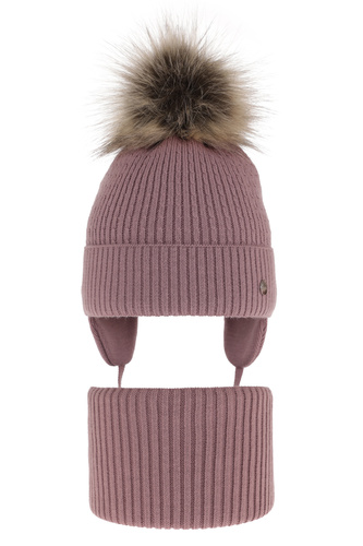 Ensemble d'hiver fille: bonnet et snood, violet, avec liens, avec pompon, Debra
