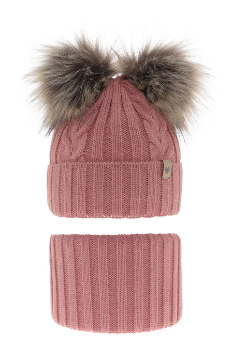 Ensemble d'hiver fille: bonnet et snood, rose, avec deux pompons, Amala