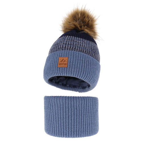 Ensemble d'hiver garçon: bonnet et snood, bleu, avec pompon, Buffalo