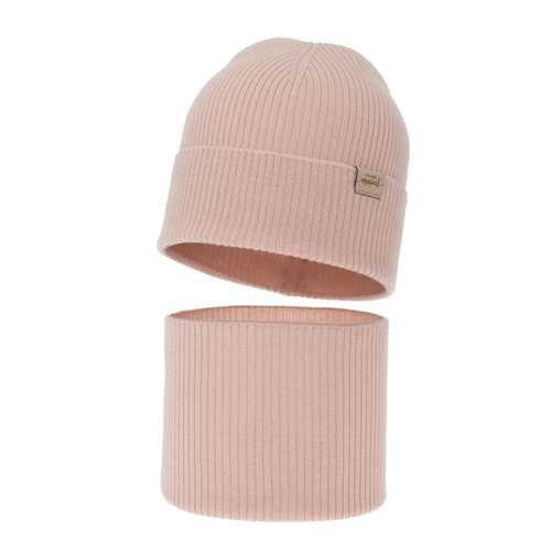 Ensemble automne/printemps fille: bonnet et snood, crème, 100% Laine Mérinos, Magenta