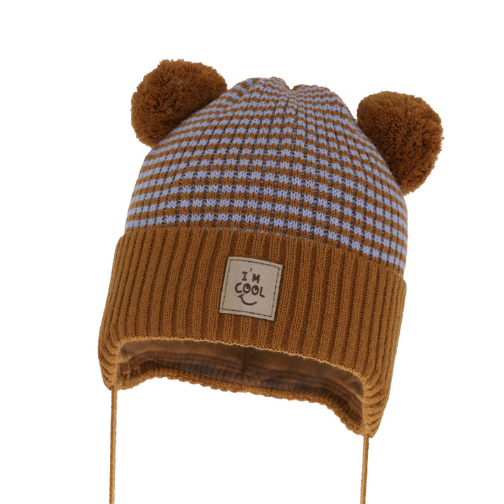 Bonnet automne/printemps garçon, brun, avec deux pompons, avec liens, Laurent