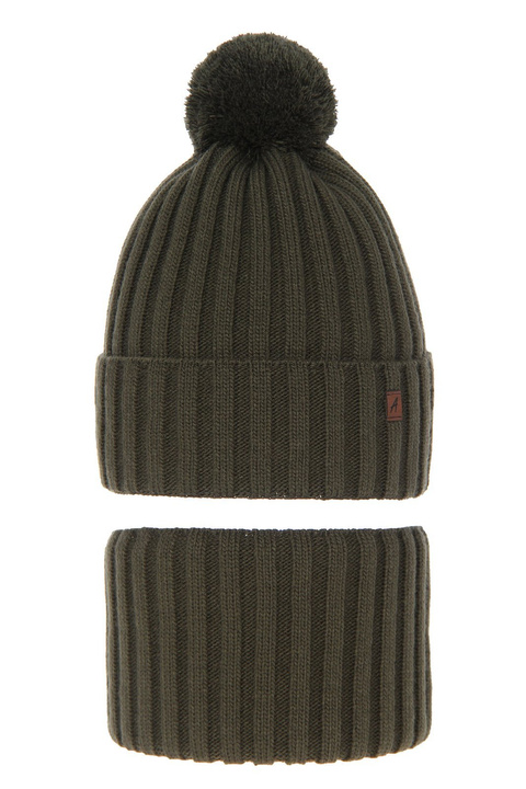 Ensemble d'hiver garçon: bonnet et snood, khaki, avec pompon, Wiliam
