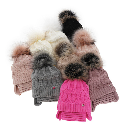 Ensemble d'hiver fille: bonnet et snood, crème, avec pompon, Elena