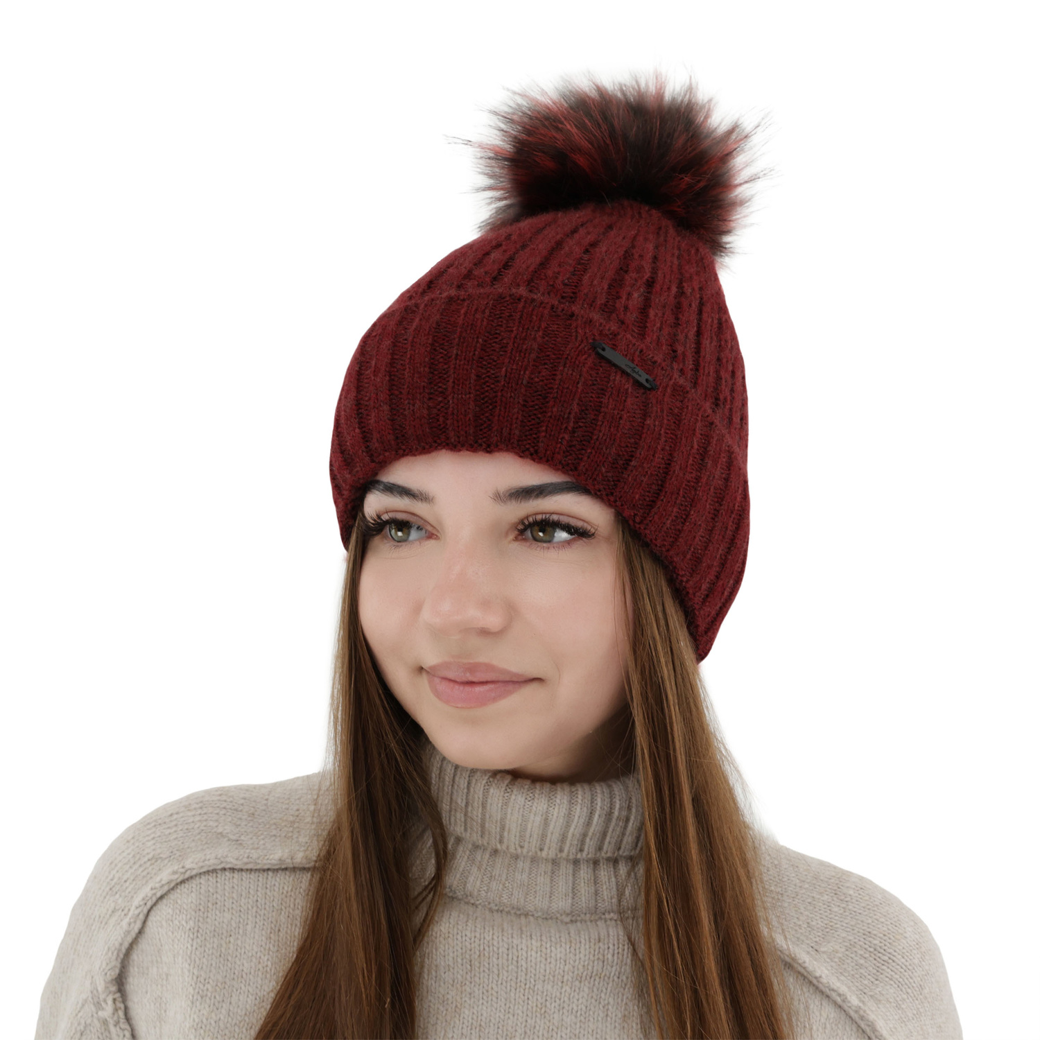 Bonnet d'hiver femme, bordé, avec pompon, Karizma