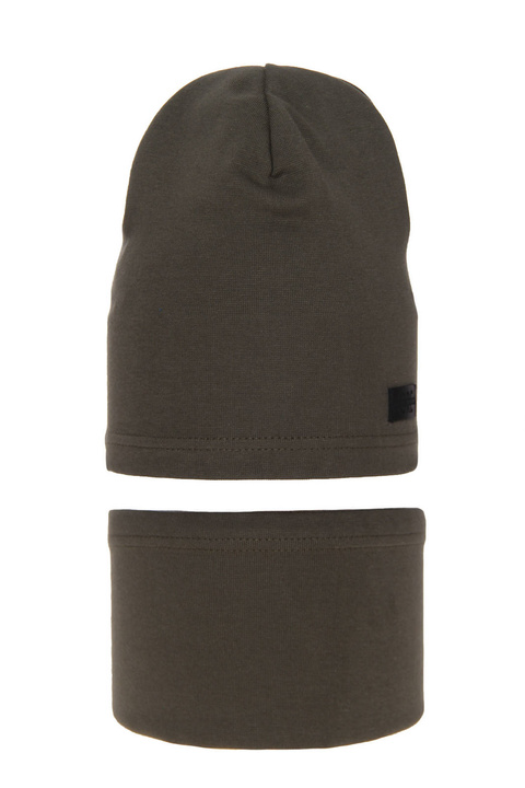 Ensemble automne/printemps garçon: bonnet et snood, khaki, en coton, Frizi