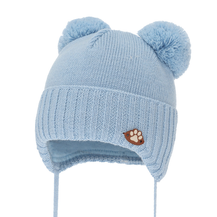 Bonnet d'hiver garçon, avec liens, avec laine mérinos, bleu clair, Rimini