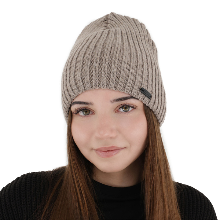 Bonnet d'hiver femme, beige foncé, avec laine mérinos, Soletta