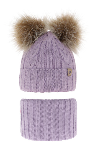 Ensemble d'hiver fille: bonnet et snood, violet, avec deux pompons, Amala