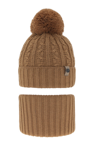 Ensemble d'hiver garçon: bonnet et snood, camel, avec pompon, Almond
