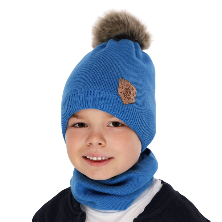 Ensemble d'hiver garçon: bonnet et snood, bleu, avec pompon, Apolin
