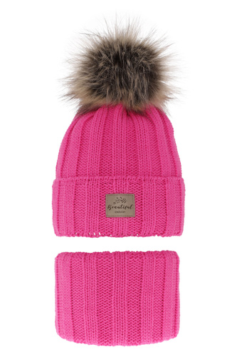Ensemble d'hiver fille: bonnet et snood, rose, avec pompon, Kaliope