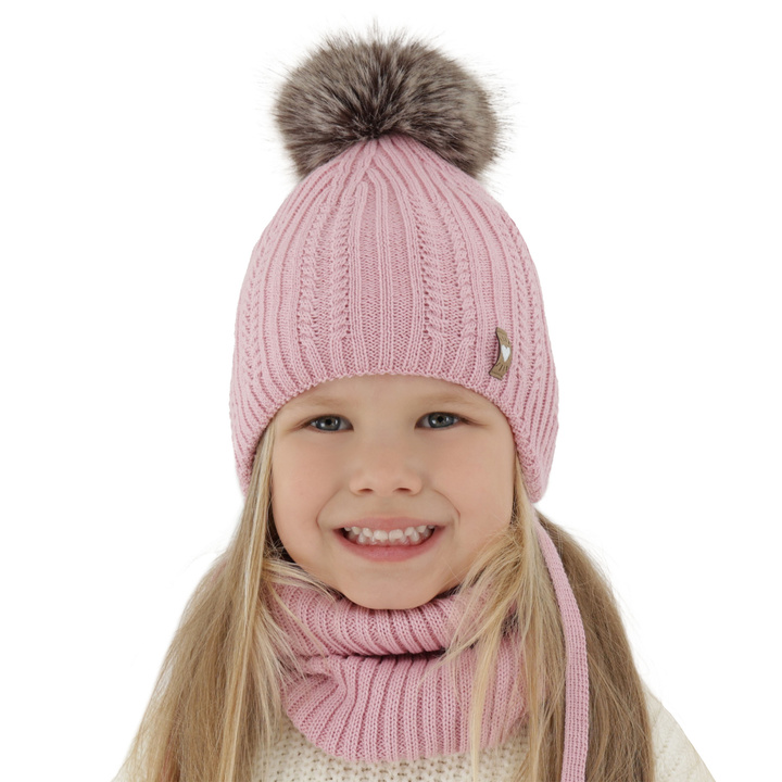 Ensemble d'hiver fille: bonnet et snood, rose, avec laine mérinos, avec pompon, avec liens, Muanda