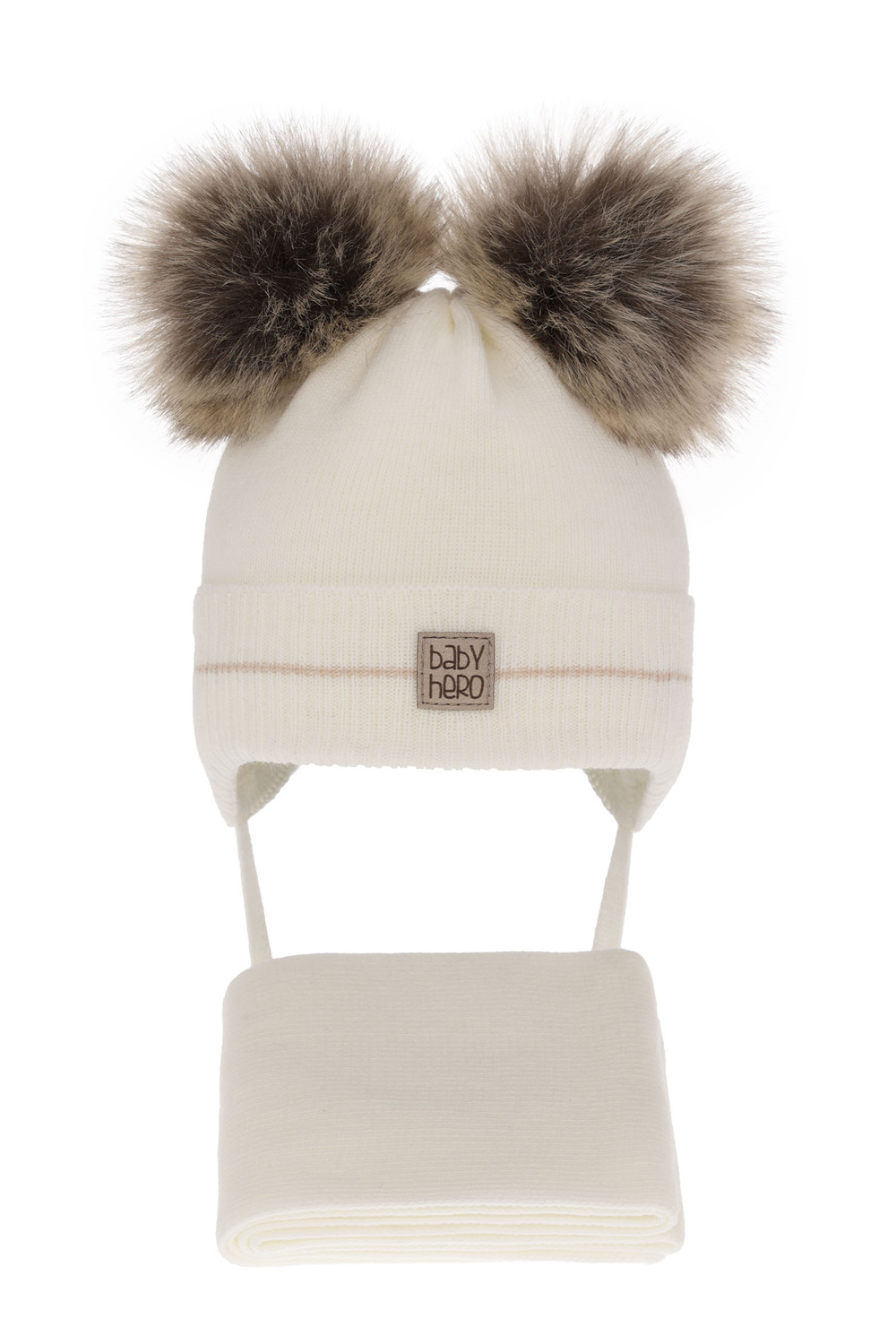 Ensemble d'hiver garçon: bonnet et écharpe, crème, avec deux pompons, Melon