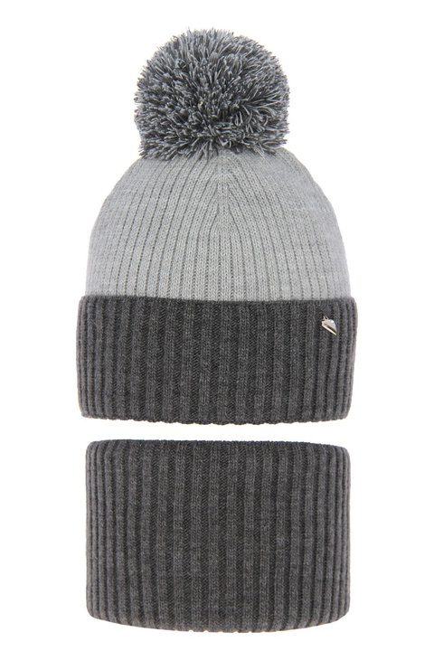 Ensemble d'hiver fille: bonnet et snood, gris, avec pompon, Kolumbina
