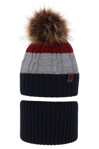 Ensemble d'hiver garçon: bonnet et snood, bleu marine, avec pompon, Karmel