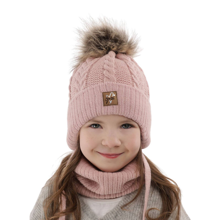 Ensemble d'hiver fille: bonnet et snood, rose, avec liens, avec pompon, Finess