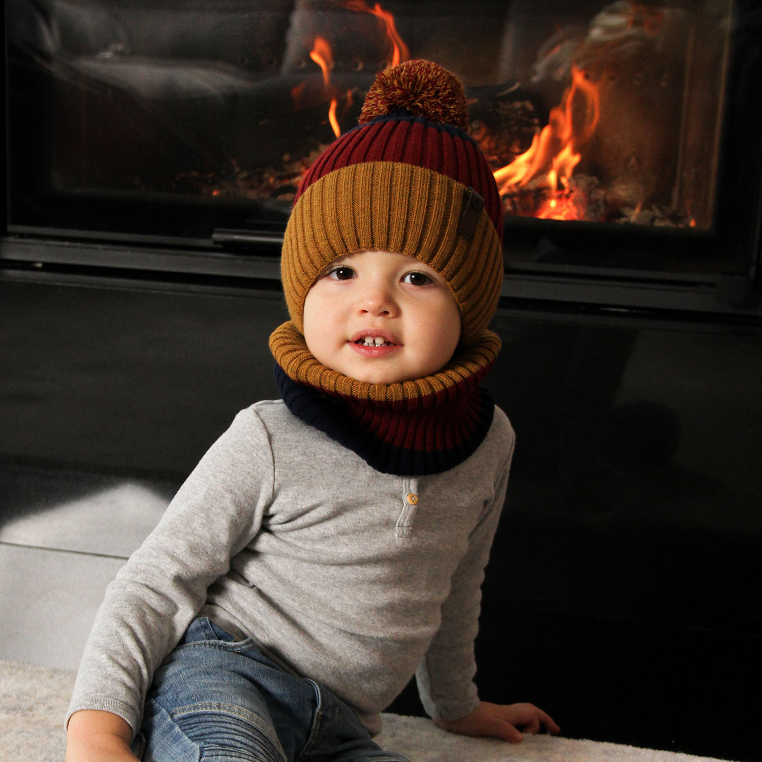 Ensemble d'hiver garçon: bonnet et snood, rouge, avec pompon, Karson