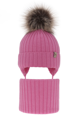 Ensemble d'hiver fille: bonnet et snood, rose, avec laine mérinos, avec liens, Junika