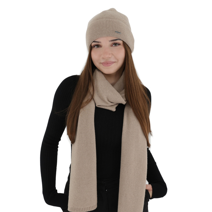 Écharpe d'hiver femme, beige, laine mérinos avec cachemire, Irenia