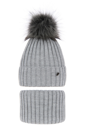 Ensemble d'hiver fille: bonnet et snood, gris, avec pompon, Wilma