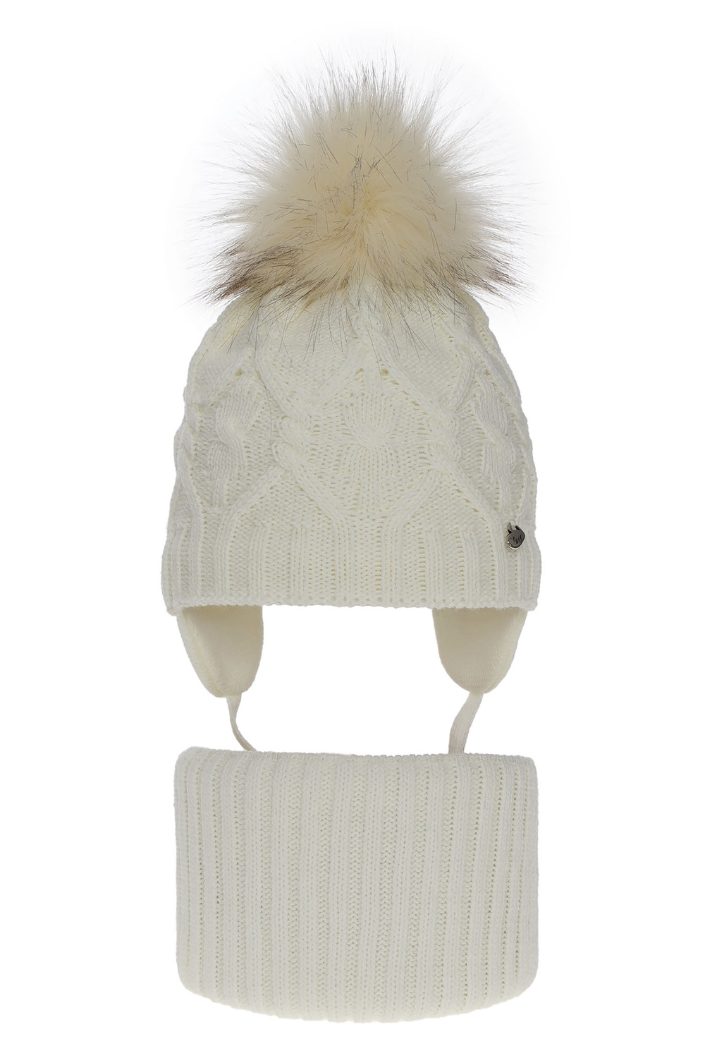 Ensemble d'hiver fille: bonnet et snood, crème, avec pompon, Elena