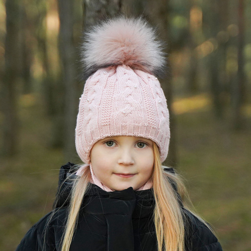 Ensemble d'hiver fille: bonnet et écharpe, crème, avec pompon, Mirella
