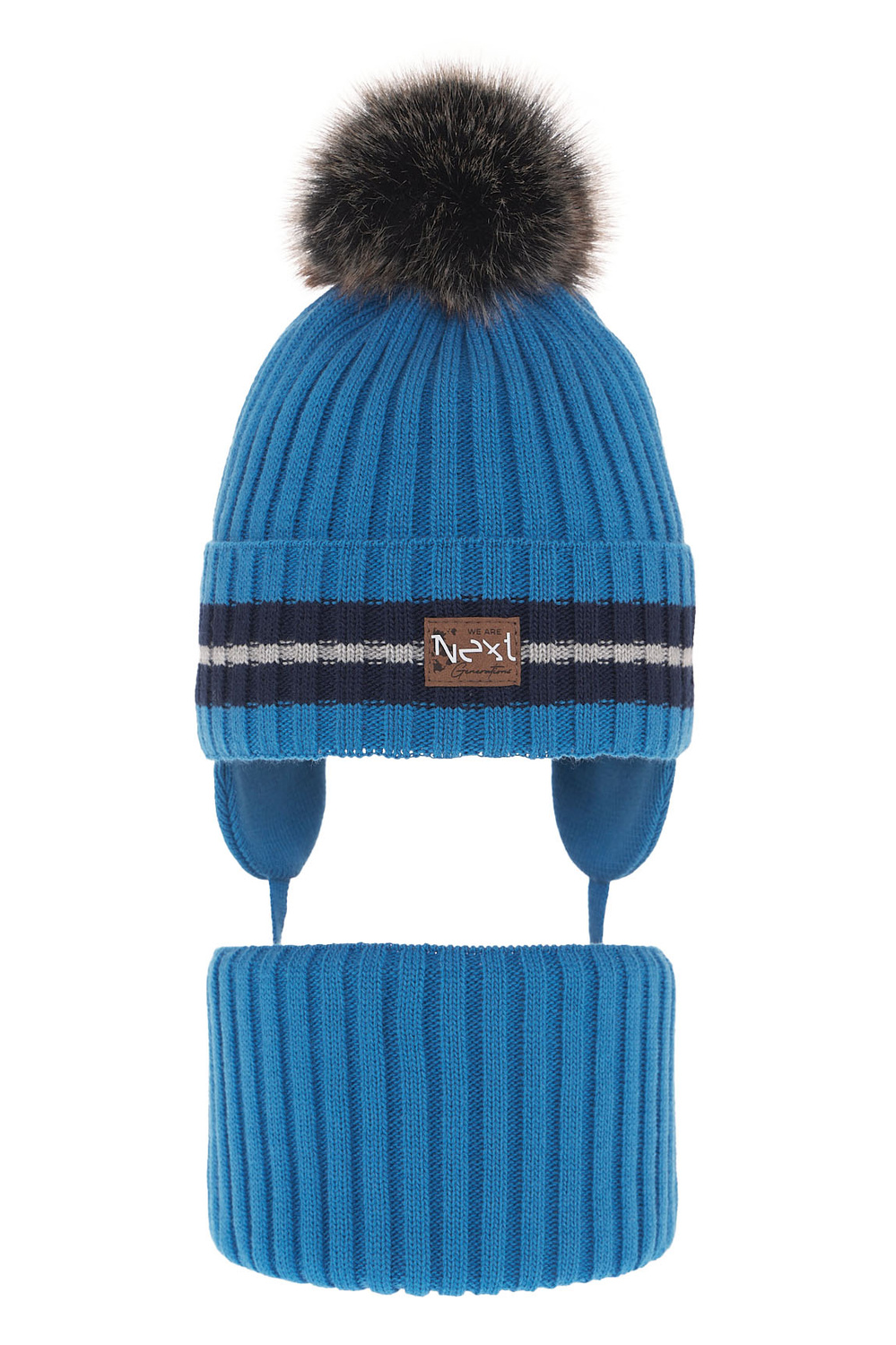 Ensemble d'hiver garçon: bonnet et snood, bleu, avec pompon, Echo