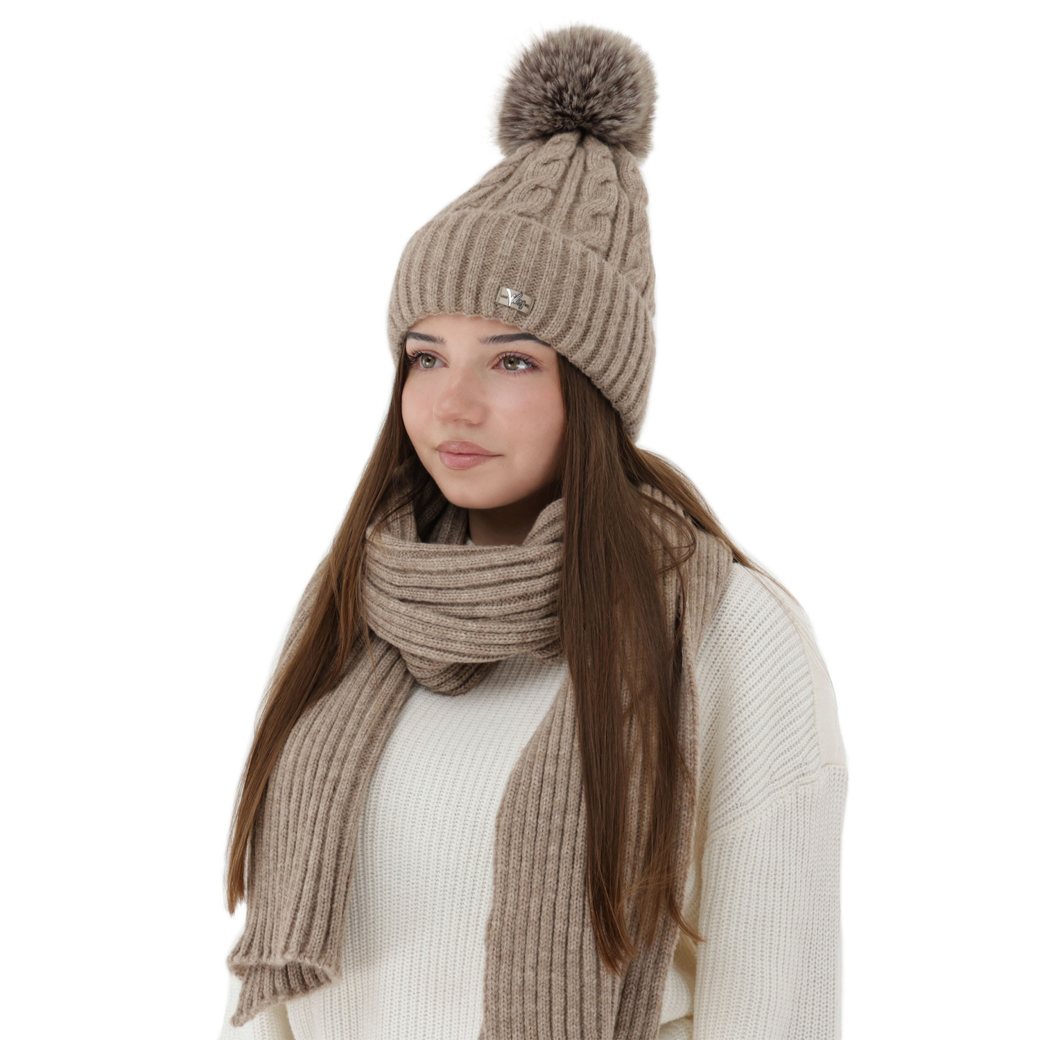 Ensemble d'hiver femme: bonnet et écharpe, beige, Lunetta