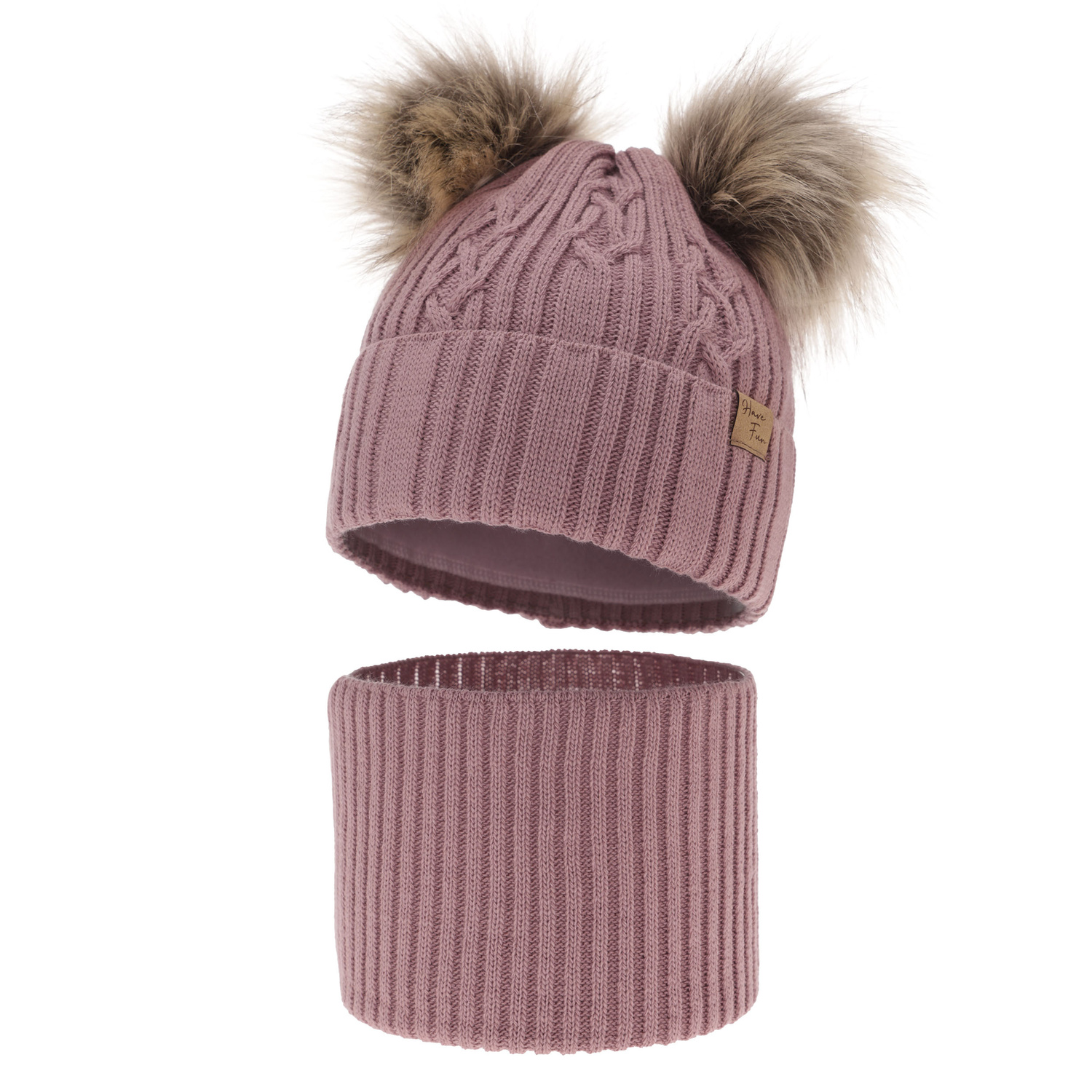 Ensemble d'hiver fille: bonnet et snood, violet, avec deux pompons, Sierra