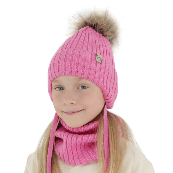 Ensemble d'hiver fille: bonnet et snood, rose, avec laine mérinos, avec liens, Junika