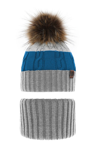 Ensemble d'hiver garçon: bonnet et snood, gris, avec pompon, Karmel