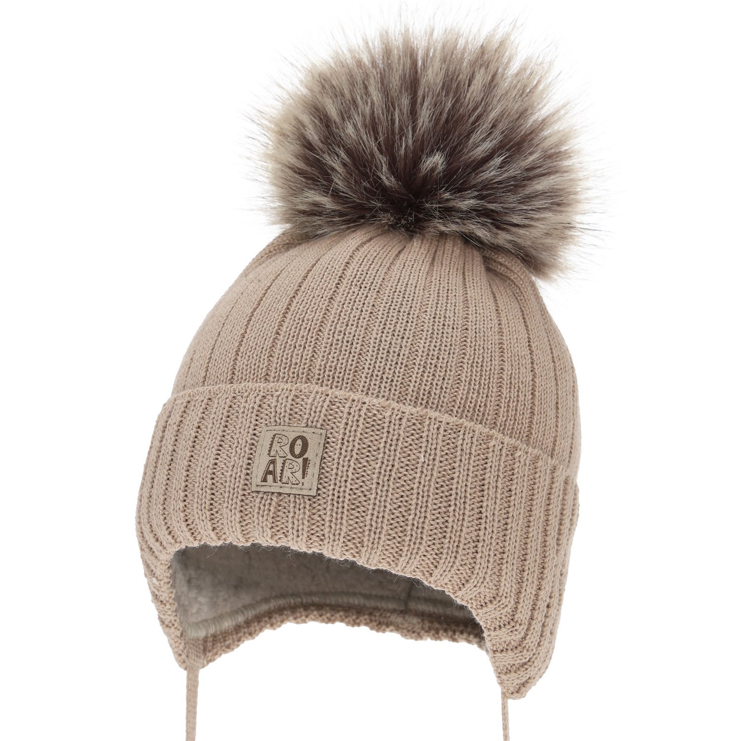 Bonnet d'hiver garçon, avec liens, avec laine mérinos, beige, Nabil