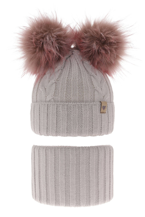 Ensemble d'hiver fille: bonnet et snood, gris, avec deux pompons, Amala