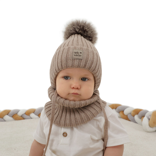 Ensemble d'hiver garçon: bonnet et snood, bleu, avec laine mérinos, doublé de laine polaire, avec liens, Morti