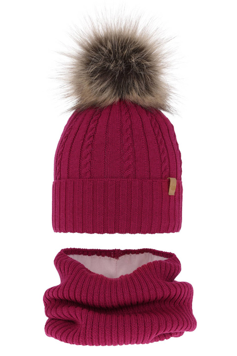 Ensemble d'hiver fille: bonnet et snood, amarante, avec laine mérinos, Mirabel