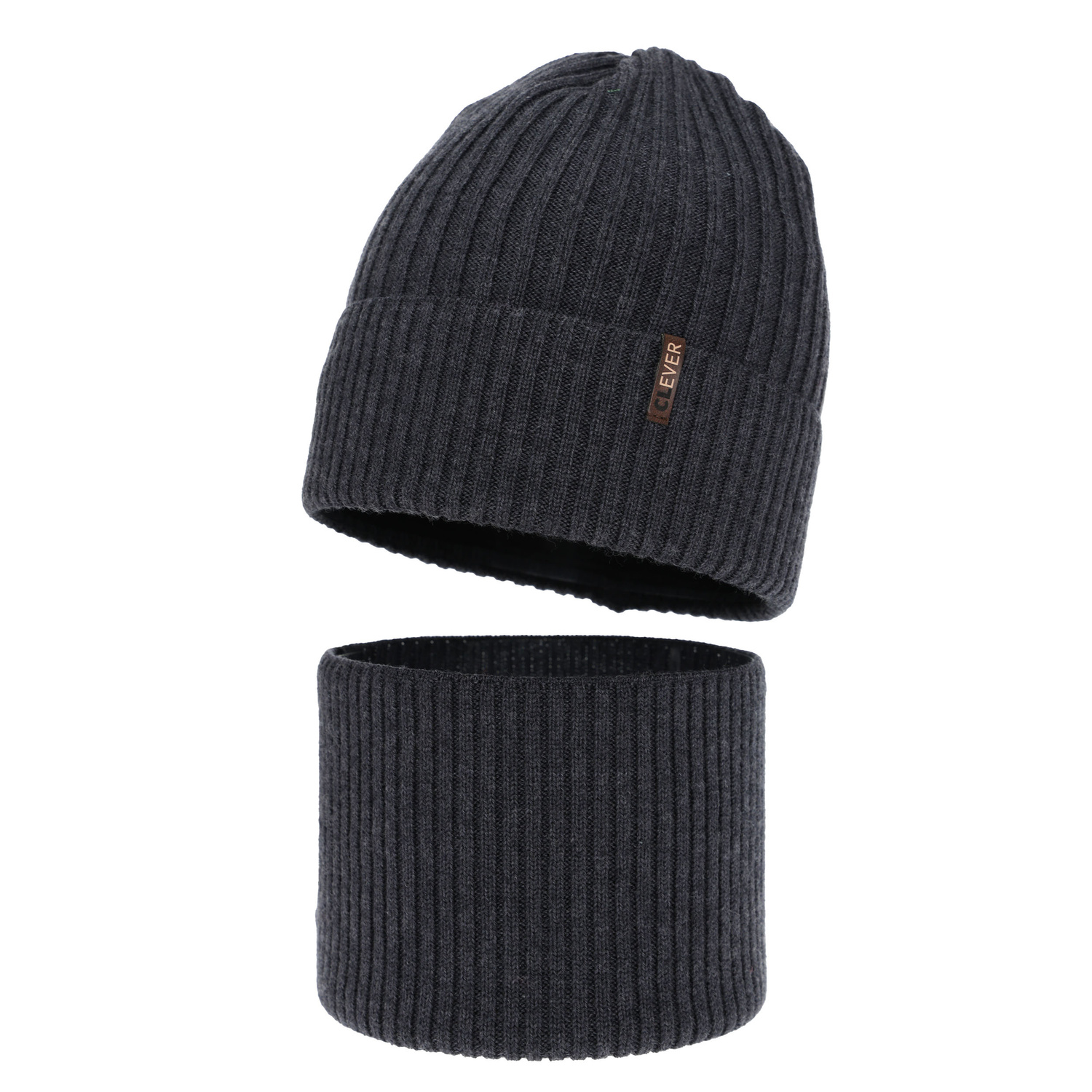 Ensemble d'hiver garçon: bonnet et snood, gris foncé, avec laine mérinos, Gizmo