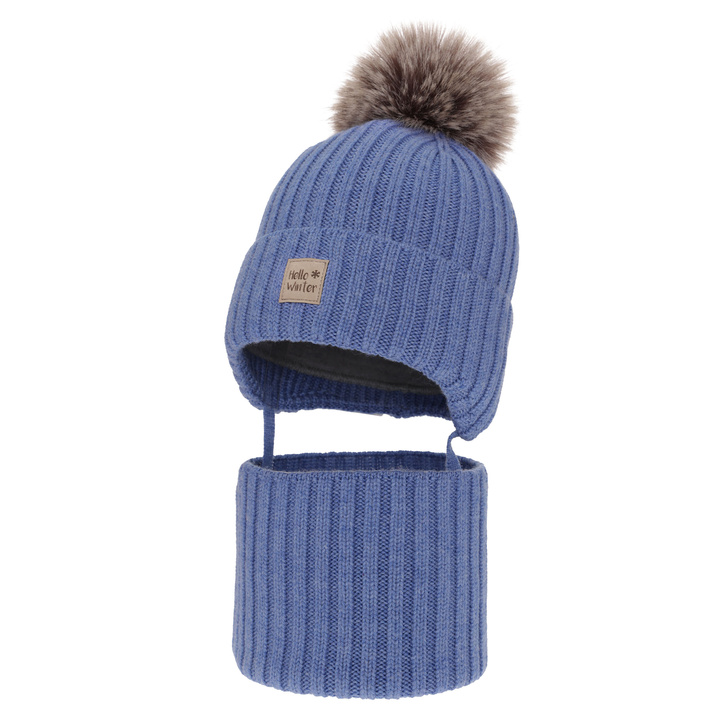 Ensemble d'hiver garçon: bonnet et snood, bleu, avec laine mérinos, doublé de polaire, avec liens, Morti