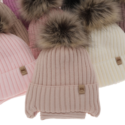 Ensemble d'hiver fille: bonnet et snood, violette, avec liens, avec pompon, Louisa