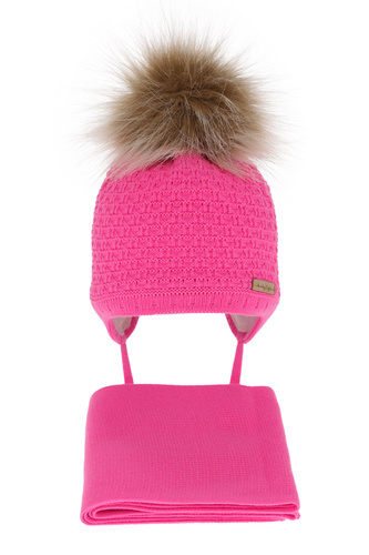 Ensemble d'hiver fille: bonnet et écharpe, rose, avec pompon, Clotilde
