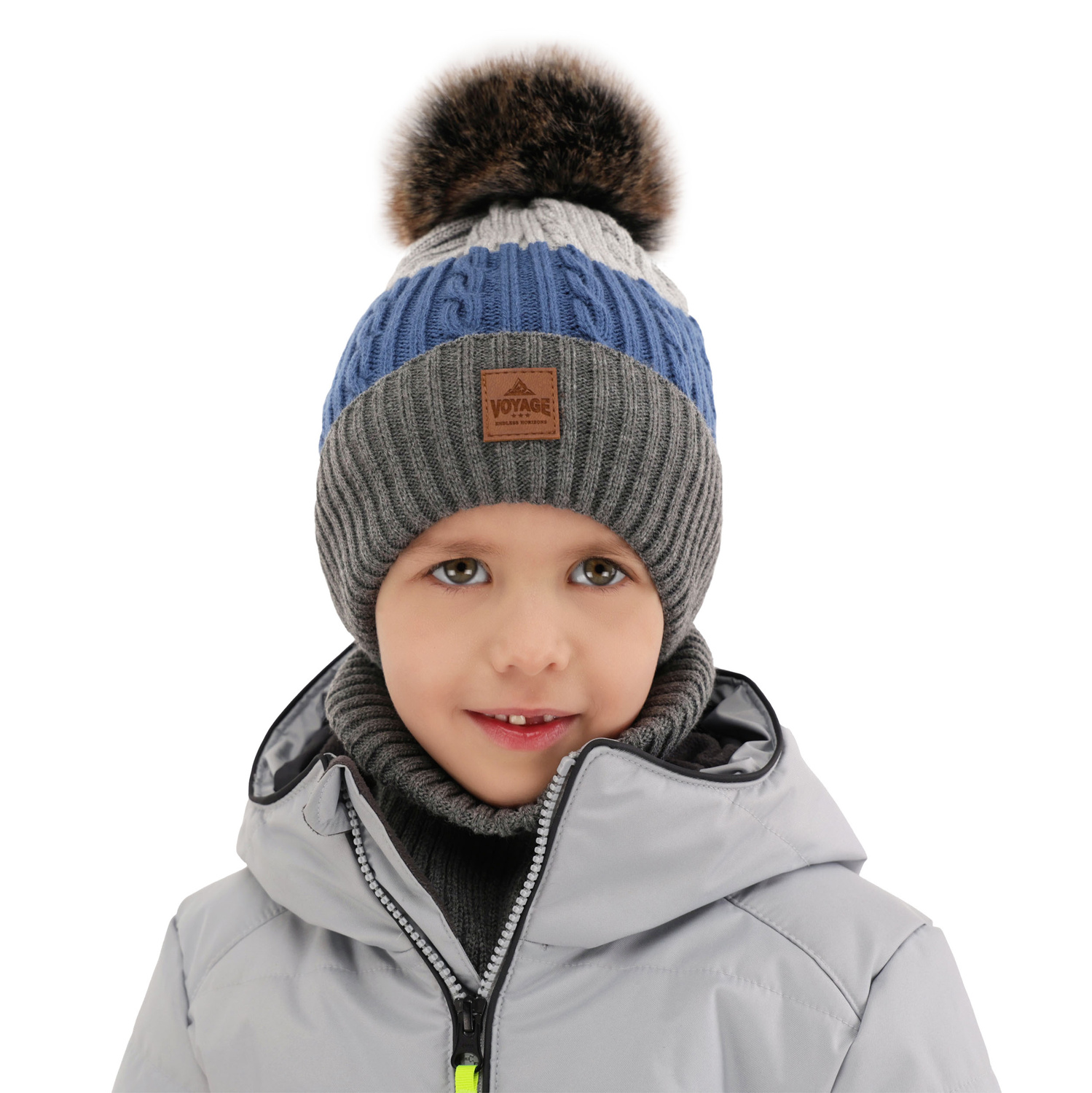 Ensemble d'hiver garçon: bonnet et snood, bleu, avec pompon, Luxor