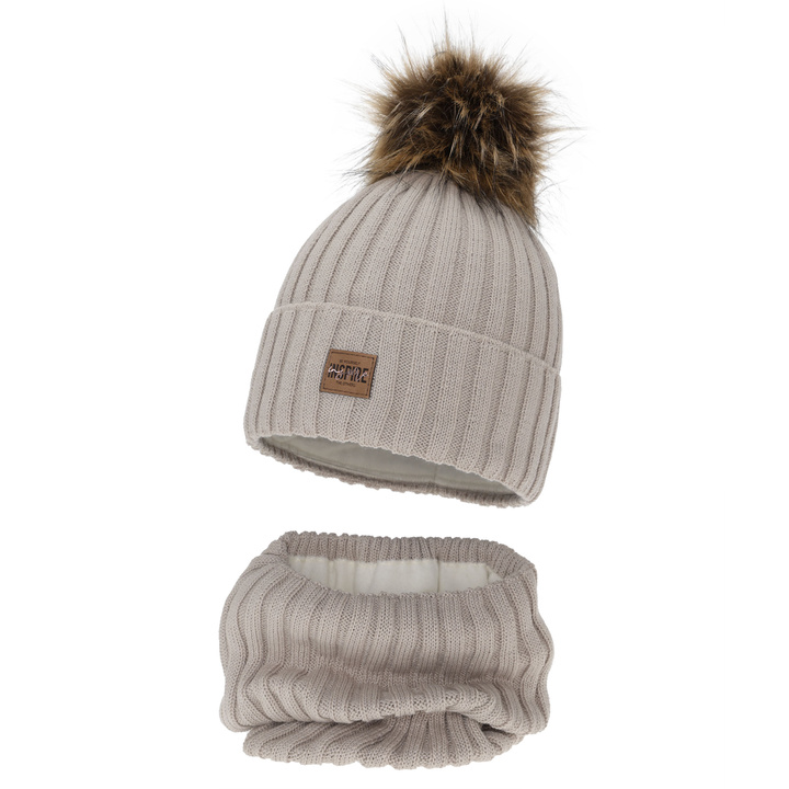 Ensemble d'hiver fille: bonnet et snood, beige, doublé de polaire, avec laine mérinos, Bellina