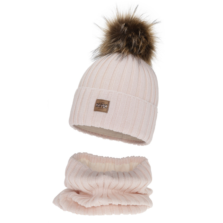 Ensemble d'hiver fille: bonnet et snood, rose clair, doublé de polaire, avec laine mérinos, Bellina