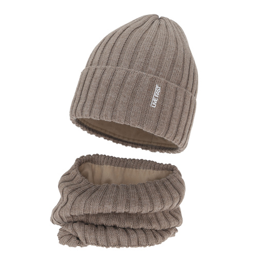 Ensemble d'hiver garçon: bonnet et snood, beige, avec laine mérinos, doublé de polaire, Banasko