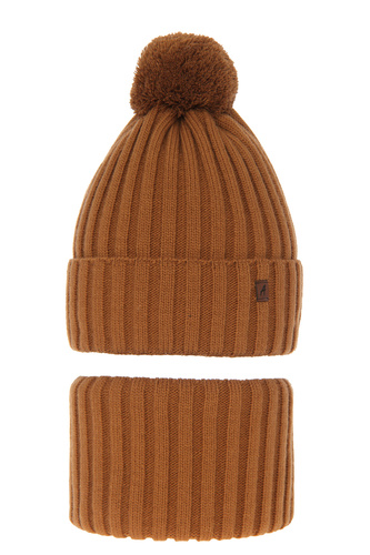 Ensemble d'hiver garçon: bonnet et snood, brun, avec pompon, Wiliam